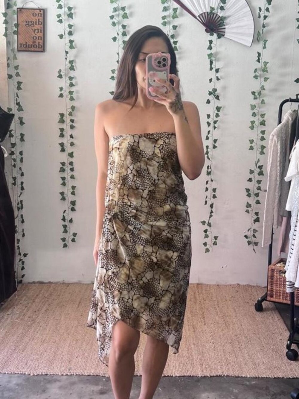 Brown and beige asymmetrical printed strapless midi dress size S/M